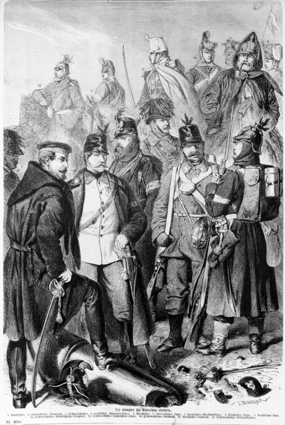 War of Duchies, Austrian and Prussian Soldiers and Officers Fighting for Schleswig-Holstein, 1864, published in Leipzig by German School